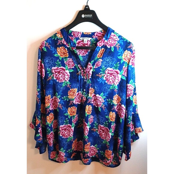 The Pioneer Woman Tunic Blouse XXL Pink Blue Bell Sleeve All Over Floral Print - Picture 1 of 9